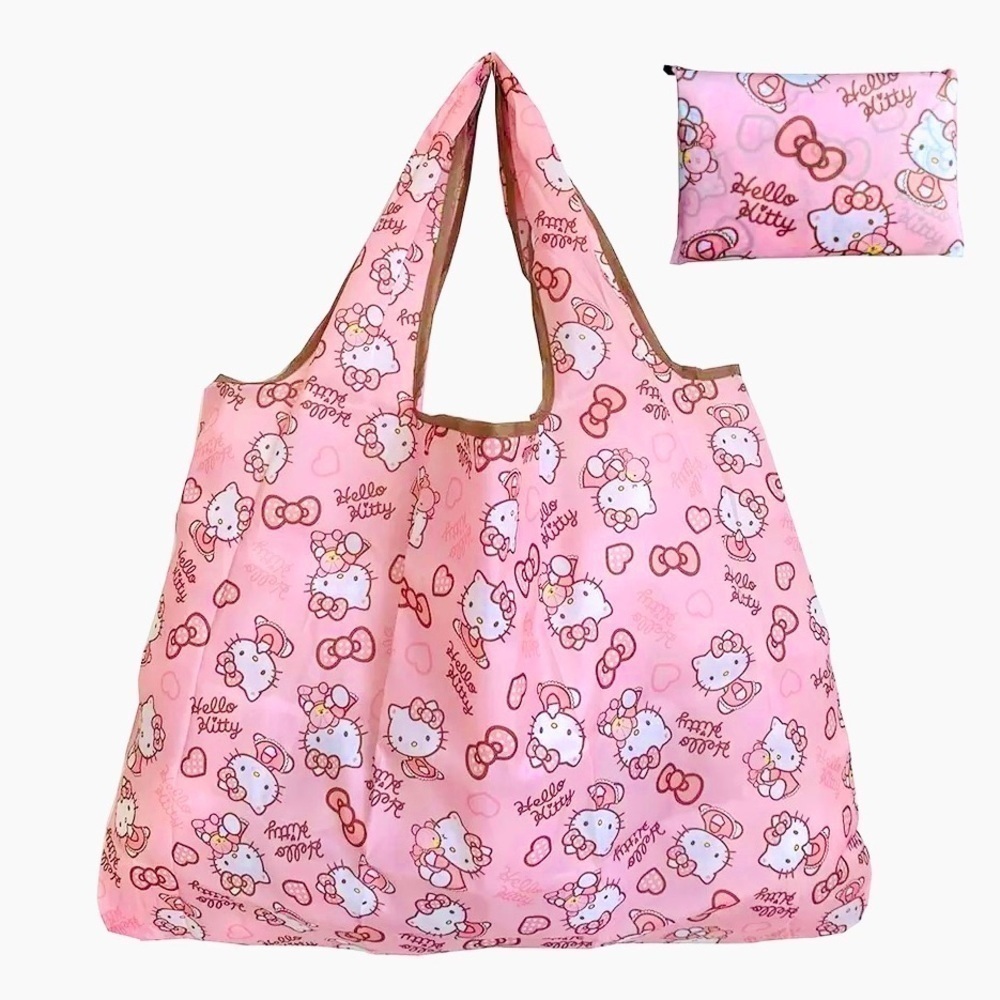 Kitty Reusable Shopping Tote Bag Pink Bows - Picture 1 of 1